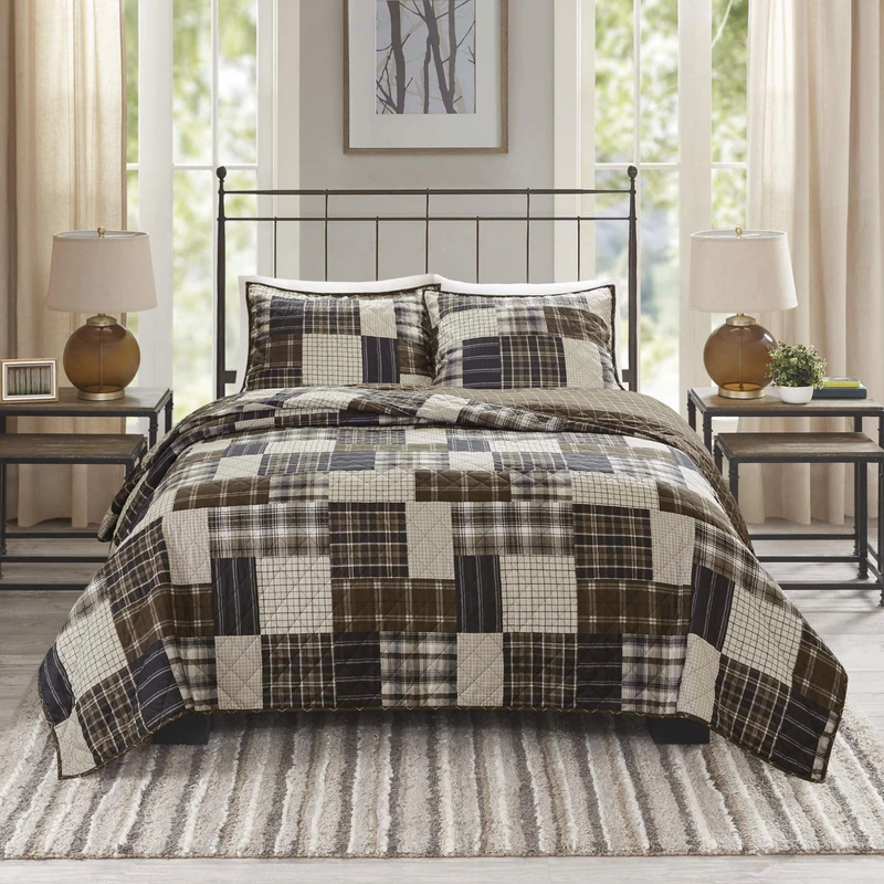 Madison Park All Season, Breathable Coverlet Bedspread Bedding Set, Matching Shams, Polyester, Black/Brown, Full/Queen(90"x90") - Image 1