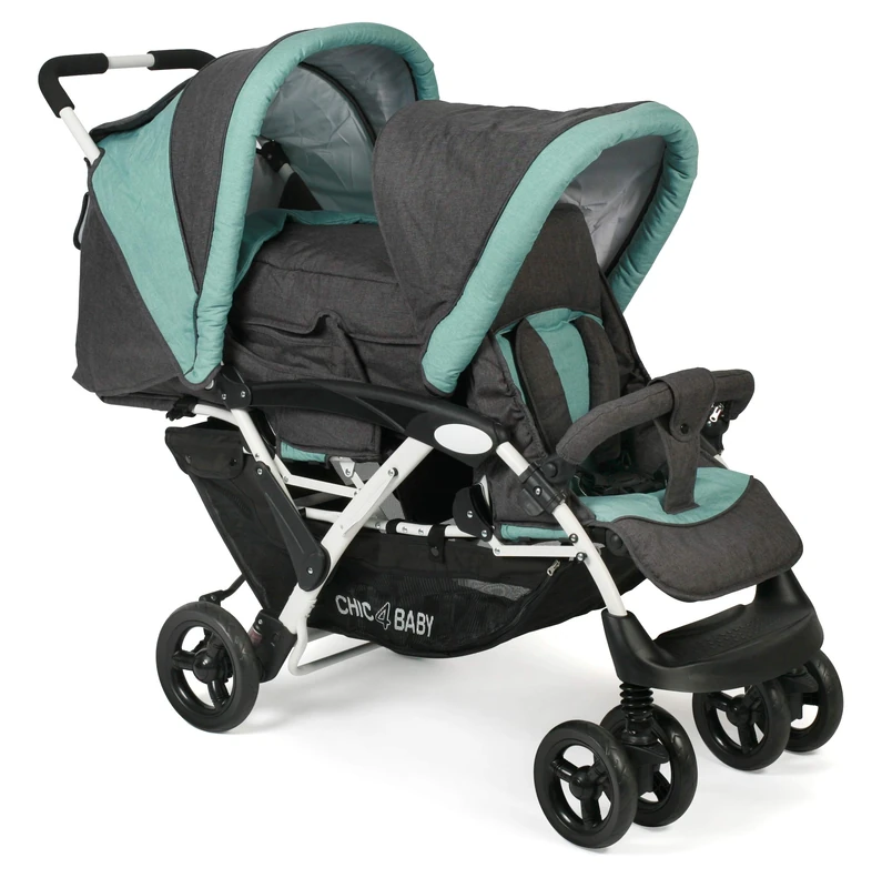 CHIC 4 BABY - Dual Sibling Pram with Carry Bag and Rain Cover, Tandem Stroller, Melange Mint