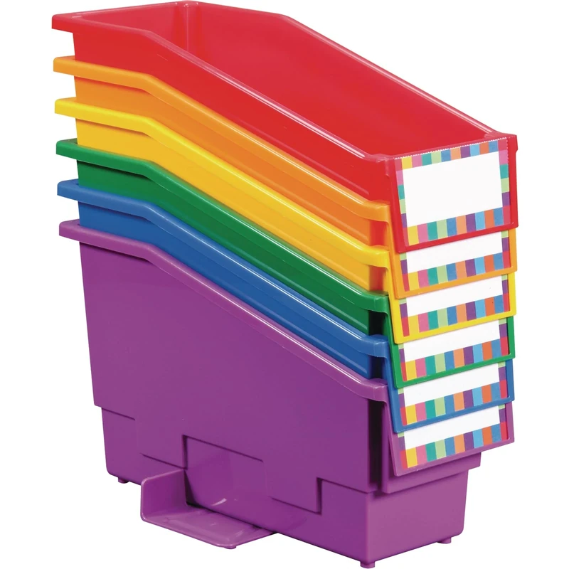 Really Good Stuff Non-Tip Book and Binder Holders, 5½” by 13½” by 7¾” (Set of 6, Rainbow) – Book, Magazine, Folder Bins with Stabilizer Wings and Label Holder – Durable, Won’t Fall Over