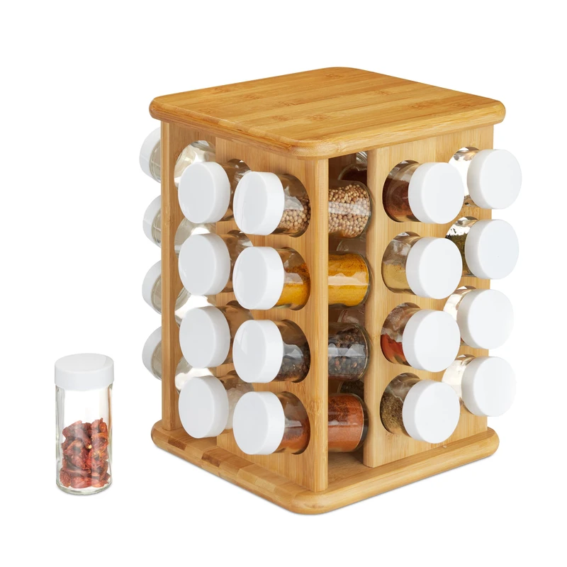 Relaxdays XXL Spice Carousel, Rotatable, 32 Shakers, Bamboo, Flavour Preserving Storage, Spice Organiser, Natural