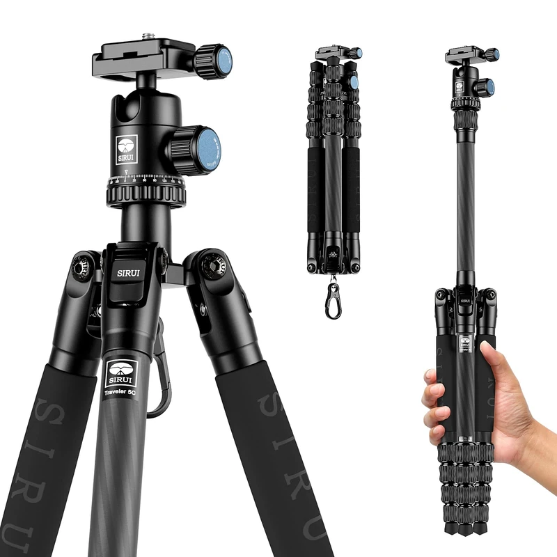 SIRUI Traveler 5C Carbon Fibre Tripod for Camera, Portable Travel Tripod with 360° Panoramic Ball Head, with Extendable Centre Column for DSLR, Camcorder, Smartphone, Max Load 4kg