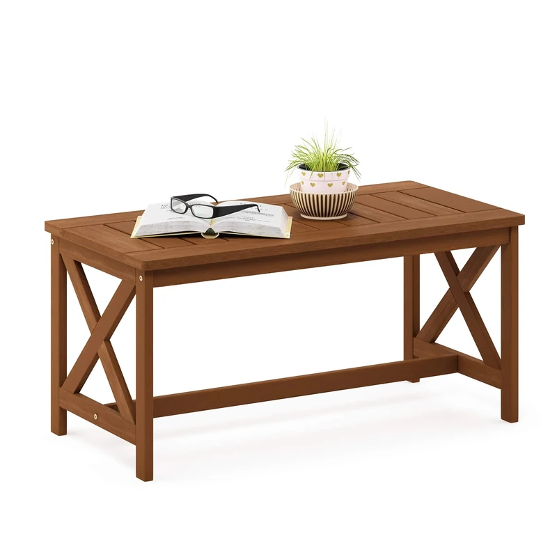 Furinno TIOMAN Patio Table, Outdoor Side Table, Coffee Table with X Leg in Teak Oil, for Patio, Garden, Porch, Natural