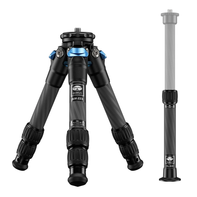 SIRUI Carbon Fiber Mini Tripod AM-223 With Extendable Centre Column SL-100, Lightweight Portable Tripod With Twist Locks, Max Height 66cm, Max Load up 15kg