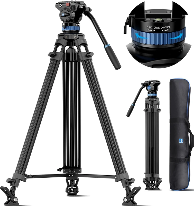 SIRUI AM-25S Video Tripod with Fluid Head, 190cm Professional Heavy Duty Tripod with 360 Degree Video Head and Quick Release Plate for Camcorder, Cameras, DSLR, Max Load 10kg