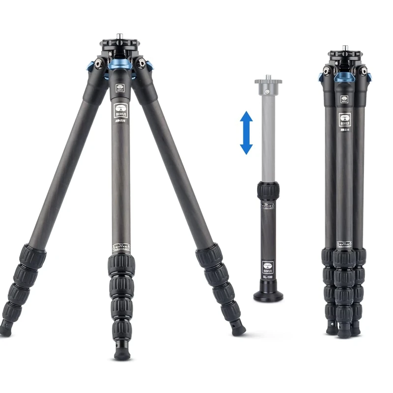 SIRUI Carbon Fibre Travel Tripod AM-225+SL-100, Portable Compact with Extendable Centre Column, Twist Lock, Spikes, for Camera, DSLR, Camcorder, Smartphone, Max Load 6kg