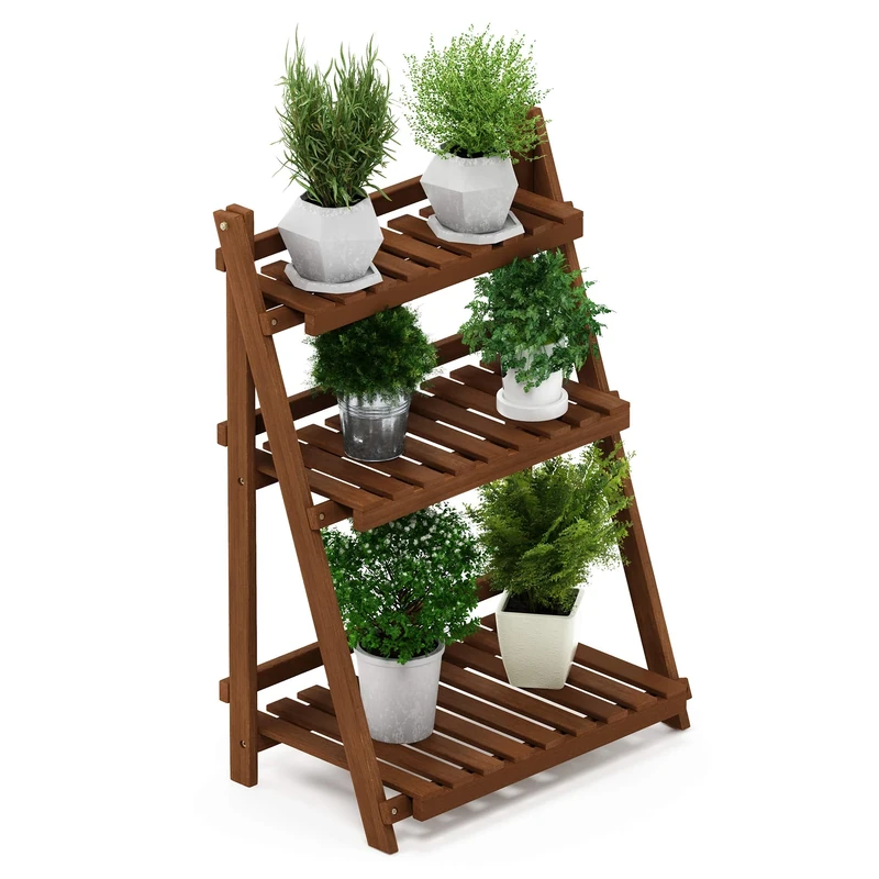 Furinno TIOMAN Plant Stand Outdoor, 3-Tier Ladder Plant Shelf, Tiered Plant Stand Indoor, Outdoor, Patio, Garden, Balcony, Natural
