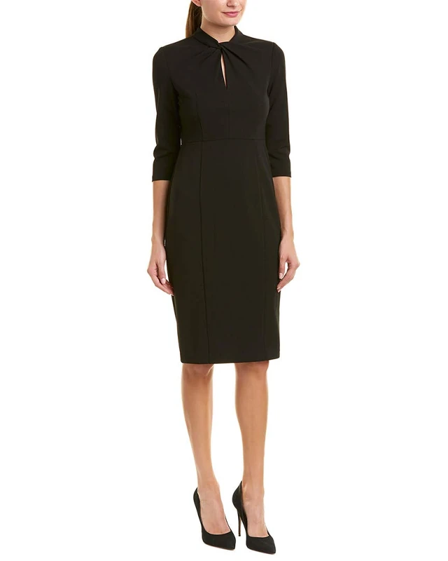 Donna Morgan Women's Stretch Crepe 3/4 Sleeve Twisted Neckline Sheath Dress Business Casual, Black, 4