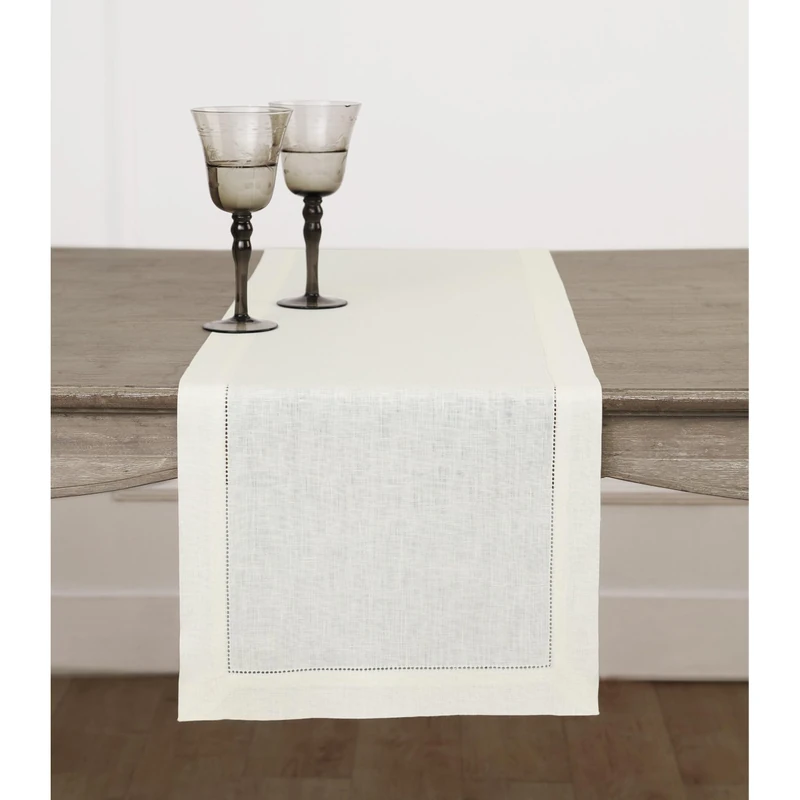 Solino Home 100% Linen Table Runner Ivory, Classic Hemstitch 14 x 108 in