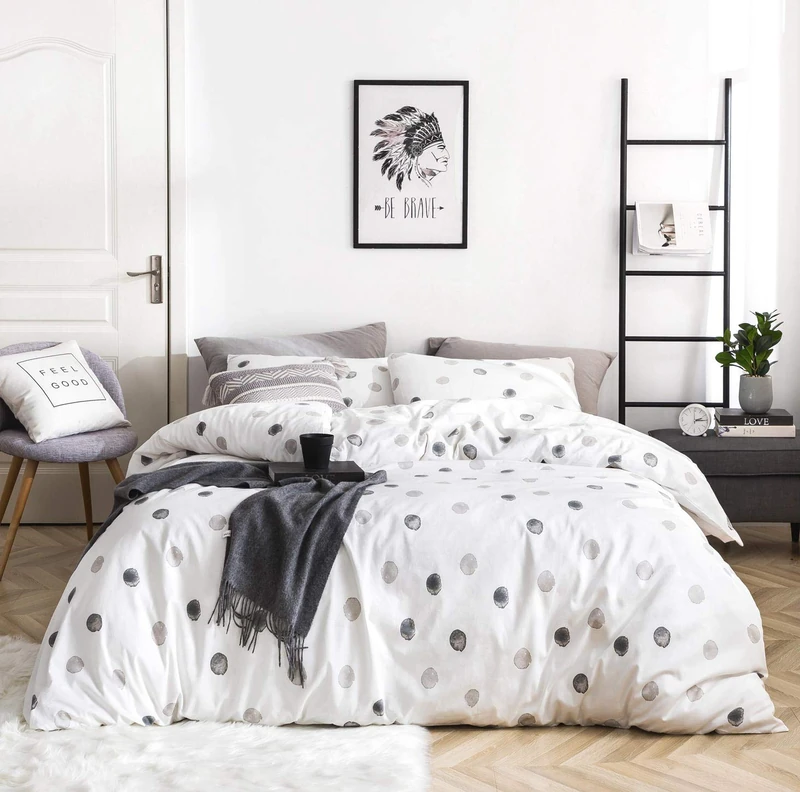 SUSYBAO White Polka Dots Duvet Cover Queen Size 100% Cotton Geometric Duvet Cover Set 3 Pieces 1 Grey Circle Pattern Duvet Cover with Zipper Ties 2 Pillowcases Luxury Soft Polka Dot Print Bedding Set