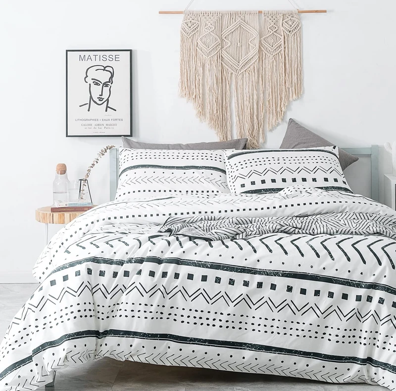 SUSYBAO King 3-Piece Boho Aztec Duvet Cover Set, 100% Cotton, Black & White, Polka Dots, Zipper Ties