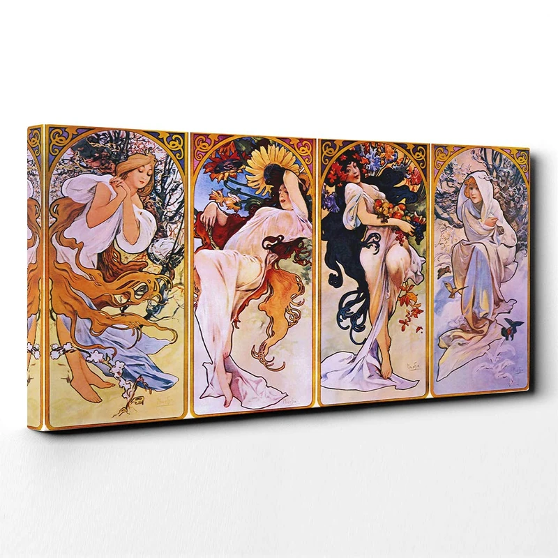 Alphonse Mucha The Four Seasons (2) Canvas Print | Gallery Wrapped 30mm Frame Wall Art | 40x20 inches | Ready to Hang | Contemporary Picture | Living Room Bedroom Lounge Office