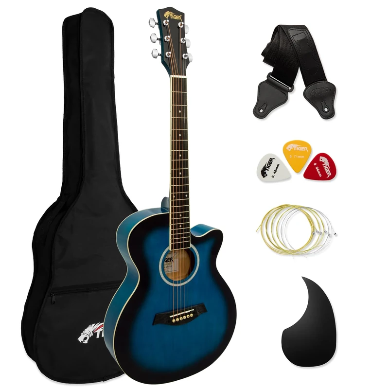 Tiger ACG1-BL34 Acoustic Guitar with Steel Strings – 3/4 Size – for Beginners aged 9+ – Bag, Strap, Spare Strings, Scratchplate and Pick Included - 6 Months Free Lessons - Blue