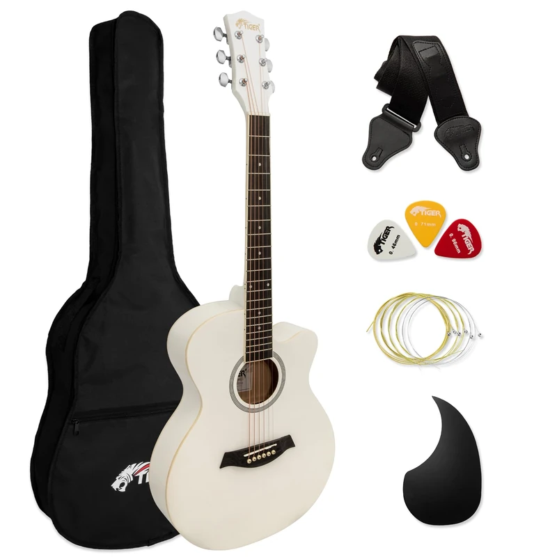 Tiger ACG1-WH34 Acoustic Guitar with Steel Strings – 3/4 Size – for Beginners aged 9+ – Bag, Strap, Spare Strings, Scratchplate and Pick Included - 6 Months Free Lessons - White