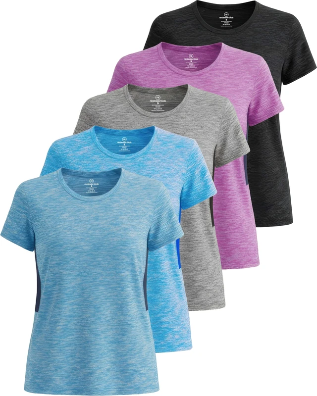 5 Pack: Womens Quick Dry Fit Dri Fit Active Wear Yoga Workout Athletic Tops Essentials Clothes Running Gym Zumba Exercise Ladies Short Sleeve Crew Scoop Neck Moisture Wicking Tees T-Shirt - Set 4,XL