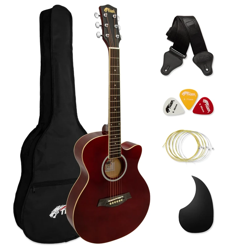 Tiger ACG1-RD34 Acoustic Guitar with Steel Strings – 3/4 Size – for Beginners aged 9+ – Bag, Strap, Spare Strings, Scratchplate and Pick Included - 6 Months Free Lessons - Red