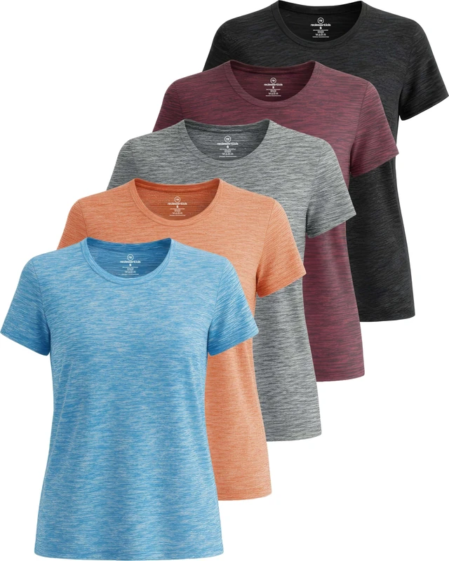 5 Pack: Womens Quick Dry Fit Dri Fit Active Wear Yoga Workout Athletic Tops Essentials Clothes Running Gym Zumba Exercise Ladies Short Sleeve Crew Scoop Neck Moisture Wicking Tees T-Shirt - Set 2,M - Image 1