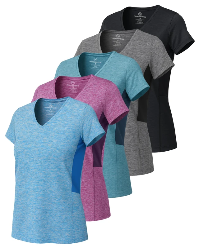5 Pack: Womens V Neck T-Shirt Ladies Yoga Top Athletic Tees Active Wear Gym Workout Zumba Exercise Running Essentials Quick Dry Fit Dri Fit Moisture Wicking Basic Clothes - Set 4,S