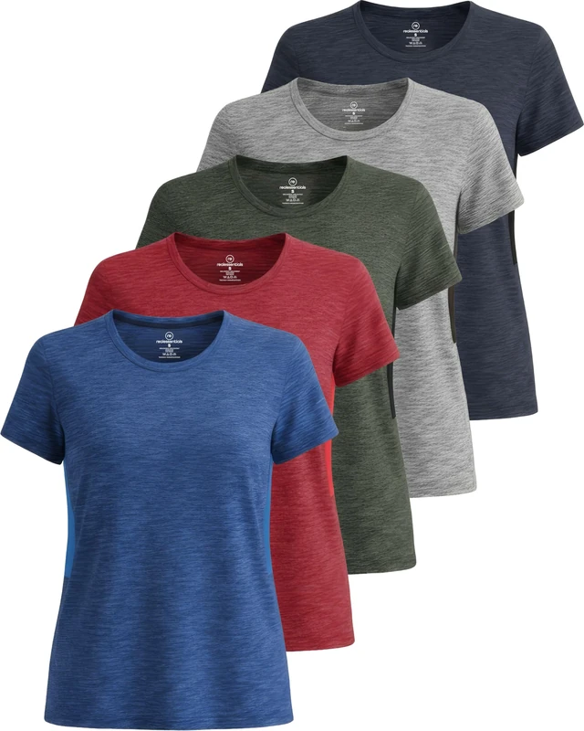 5 Pack: Womens Quick Dry Fit Dri Fit Active Wear Yoga Workout Athletic Tops Essentials Clothes Running Gym Zumba Exercise Ladies Short Sleeve Crew Scoop Neck Moisture Wicking Tees T-Shirt - Set 3,L