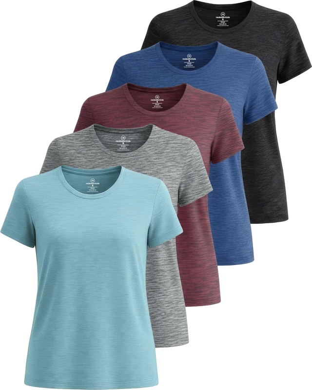 5 Pack: Womens Quick Dry Fit Dri Fit Active Wear Yoga Workout Athletic Tops Essentials Clothes Running Gym Zumba Exercise Ladies Short Sleeve Crew Scoop Neck Moisture Wicking Tees T-Shirt - Set 4,S