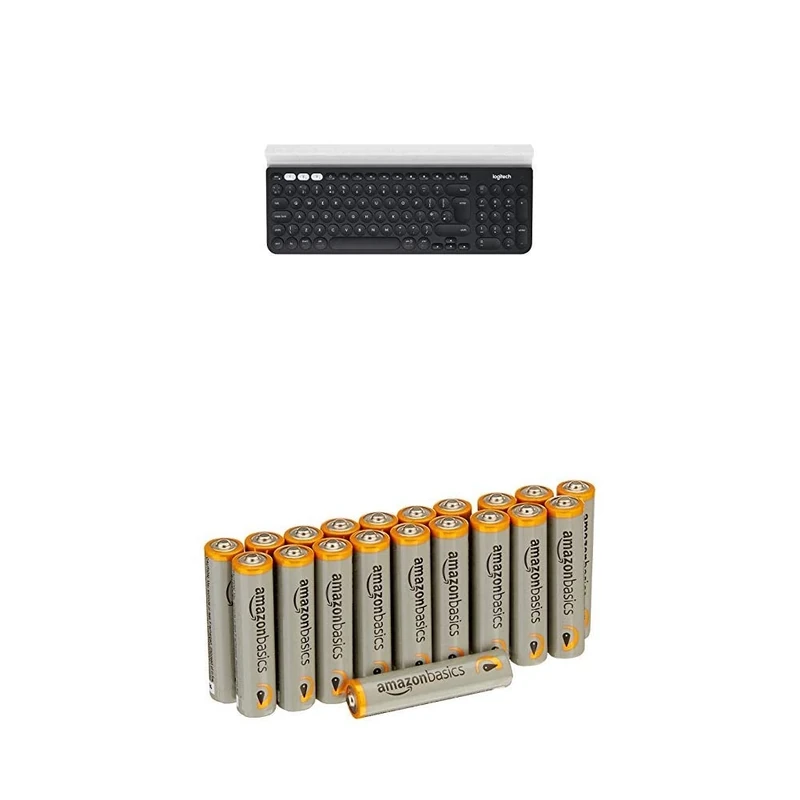 Logitech K780 Multi-Device Wireless USB, Bluetooth Keyboard, Wireless Keyboard for Windows, Mac, Chrome OS, iOS, Android, Switch Between Devices, Quiet Keyboard, QWERTY UK Layout, Dark Gray/White with Amazon Basics Batteries