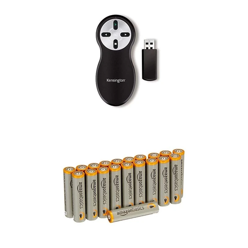 Kensington Non-Laser Wireless USB Presentation Clicker, Compatible with Windows & macOS - 20m Range (K33373EU) with Amazon Basics Batteries