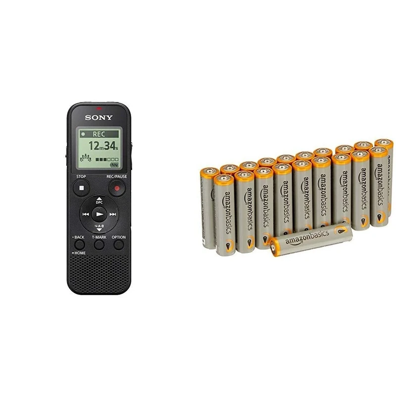 Sony ICD-PX370 Mono Digital Voice Recorder with Built-In USB, 4 GB Memory, SD Memory Slot, 55 Hours Recording & Amazon Basics AAA Performance Alkaline Batteries [Pack of 20] - Packaging May Vary