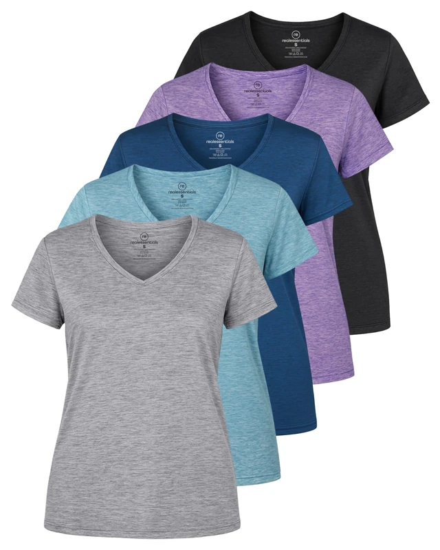 5 Pack: Womens V Neck T-Shirt Ladies Yoga Top Athletic Tees Active Wear Gym Workout Zumba Exercise Running Essentials Quick Dry Fit Dri Fit Moisture Wicking Basic Clothes - Set 1,M