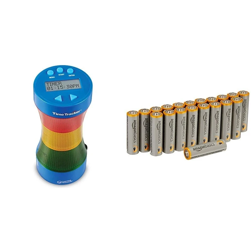 Learning Resources Time Tracker® Visual Timer & Clock & Amazon Basics AA Performance Alkaline Batteries [Pack of 20] - Packaging May Vary