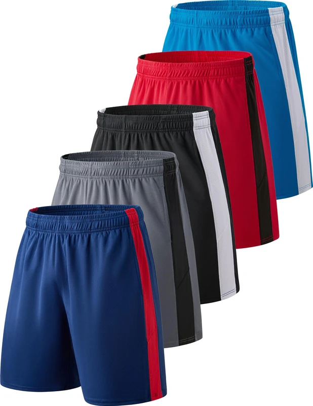 Liberty Imports Pack of 5 Men's Athletic Basketball Shorts Mesh Quick Dry Activewear with Pockets, Navy/Gray/Black/Sky Blue/Red, X-Large