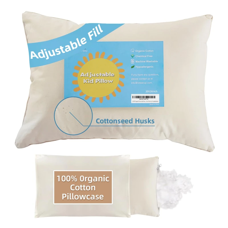 Lofe Standard Size Pillow with Pillowcase, Natural Organic Cotton Zippered Shell, Adjustable Loft 20x26, Washable and Hypoallergenic