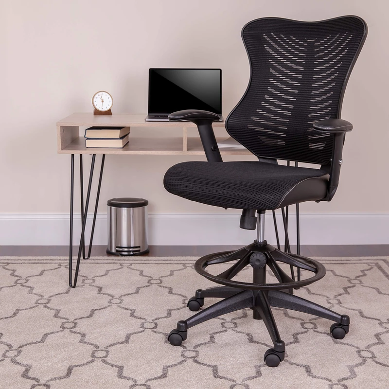Flash Furniture Waylon High Back Designer Black Mesh Drafting Chair with LeatherSoft Sides and Adjustable Arms