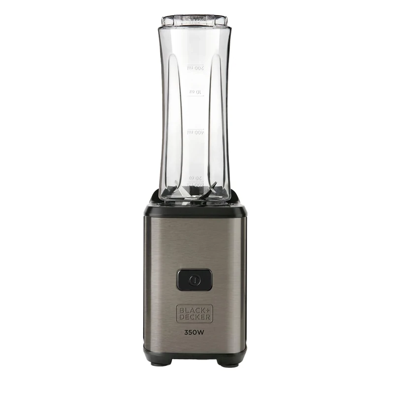 BLACK+DECKER BXJBA350E - Mini Blender 350W, Smoothie Blender and Milkshake with 2 x 600ml BPA-Free Bottles, Airtight Lid, 4 Stainless Steel Blender, Black and Stainless Steel Anti-Fingerprint