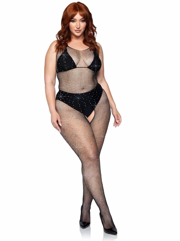Leg Avenue Crystalized net Bodystocking +, Black, 1X-2X - Image 1