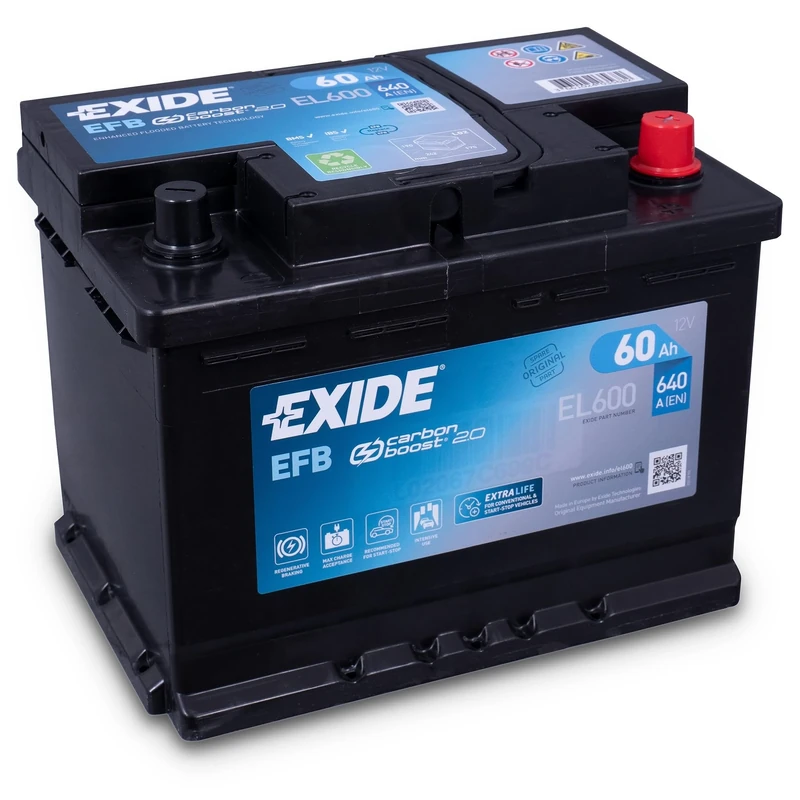 12V 60Ah 640CCA Exide EL600 Stop Start EFB Car Battery - 3 Years Warranty