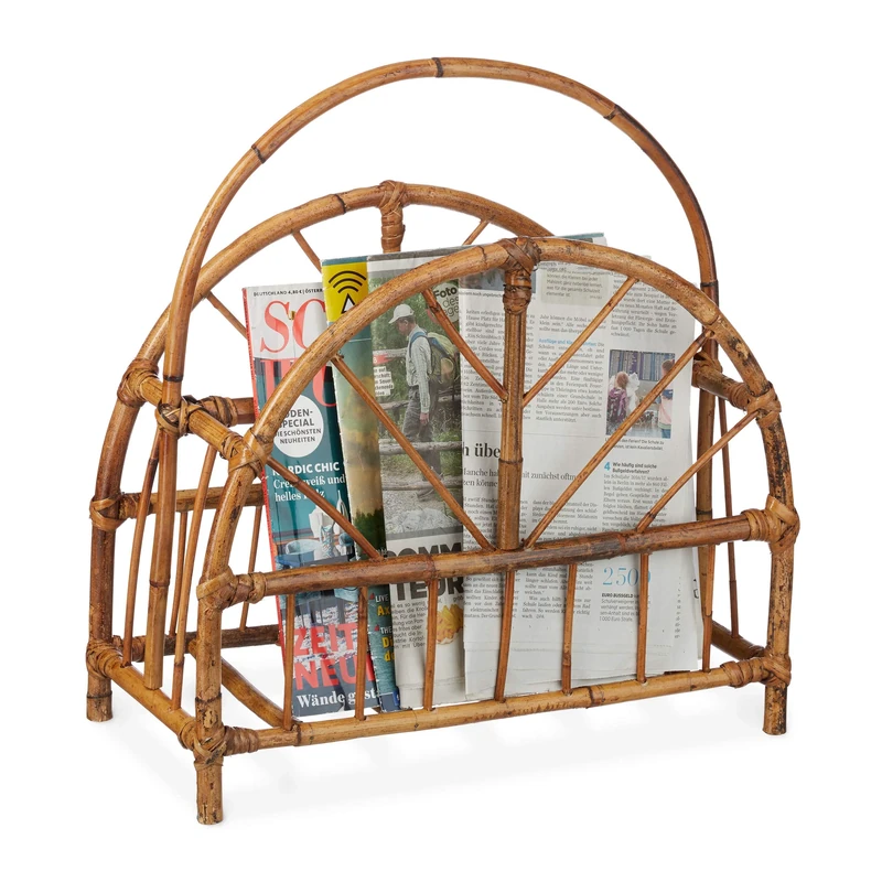 Relaxdays Rattan Newspaper & Magazine Rack, Curved Newspaper Holder, HxWxD: 47 x 43.5 x 20.5 cm, Wooden, Natural