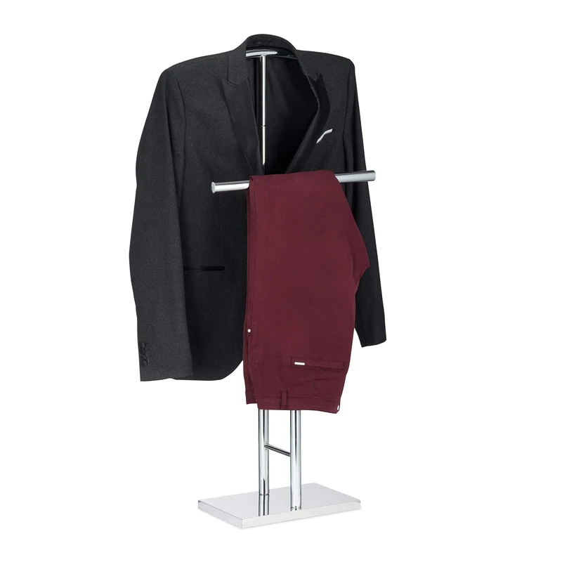 Relaxdays Chrome Men’s Valet Stand, Freestanding Towel Rack, Double Rail, HWD: 106x49x20 cm, Silver