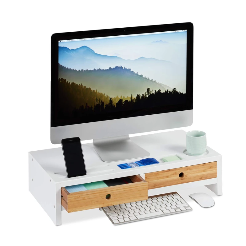 Relaxdays Bamboo PC Monitor Stand, Screen Riser with 2 Drawers & Compartments, Computer Workstation HWD 14 x 60 x 30 cm, White/Natural