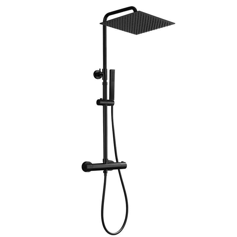 JOHO Shower Mixer Set Shower System with SUS304 Brass Handles, Anti Scald Thermostat & Height-Adjustable Wall Bracket - Black 30x30cm Shower Head