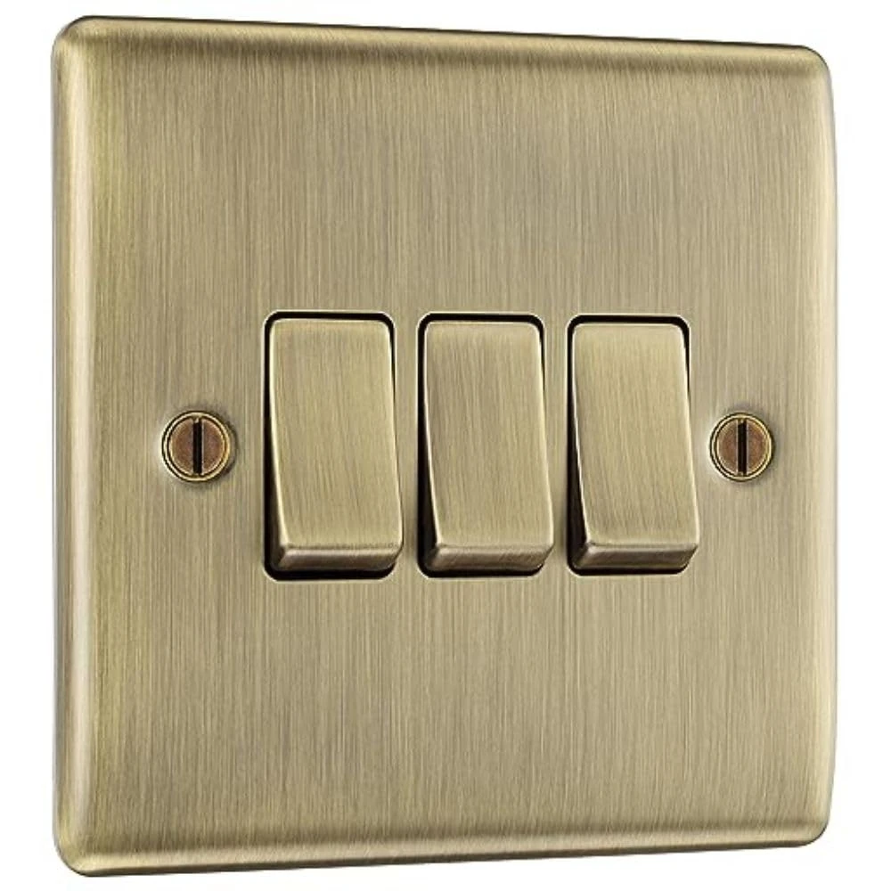 BG Electrical Triple Wall Light Switch, 2 Way, Raised and Slim Profile, Round Edges, Nexus Metal, Antique Brass, 20A, 16AX, NAB43