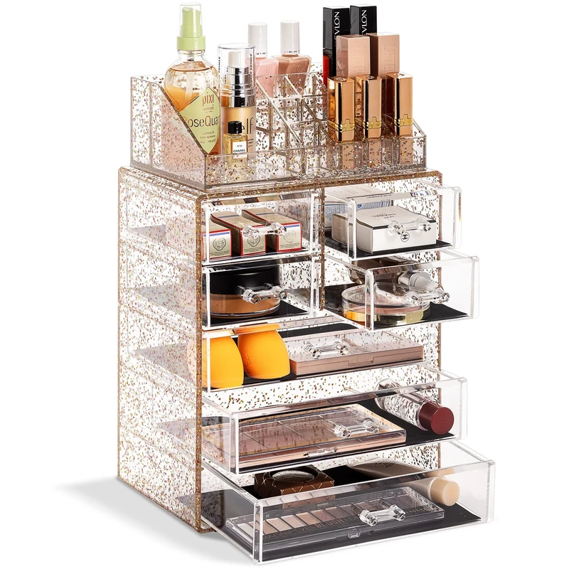 Sorbus Clear Cosmetic Makeup Organizer - Make Up & Jewelry Storage, Case & Display - Spacious Design - Great Holder for Dresser, Bathroom, Vanity & Countertop (3 Large, 4 Small Drawers) [Glitter]