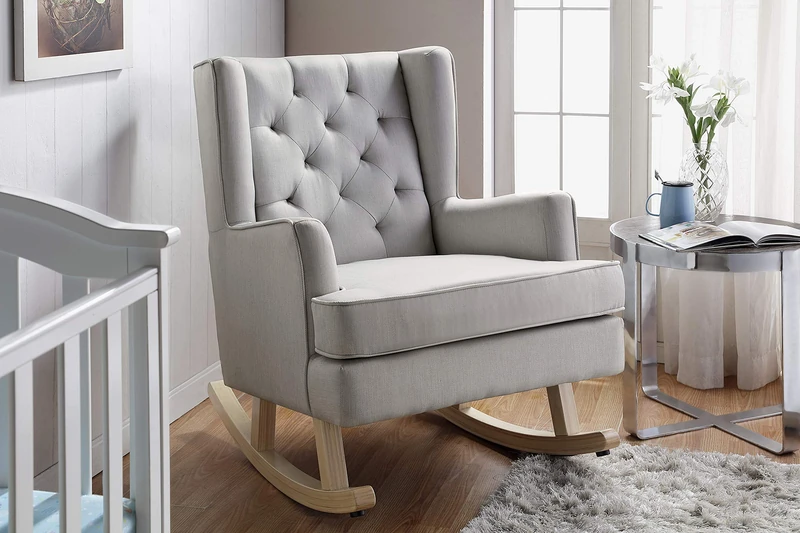 BABYLO Soothe Easy Baby Nursing Rocking Chair, Breastfeeding Lounge, Classic Style, Grey, Thick Padding, Tufted Back, Rocking Base and Fixed Option