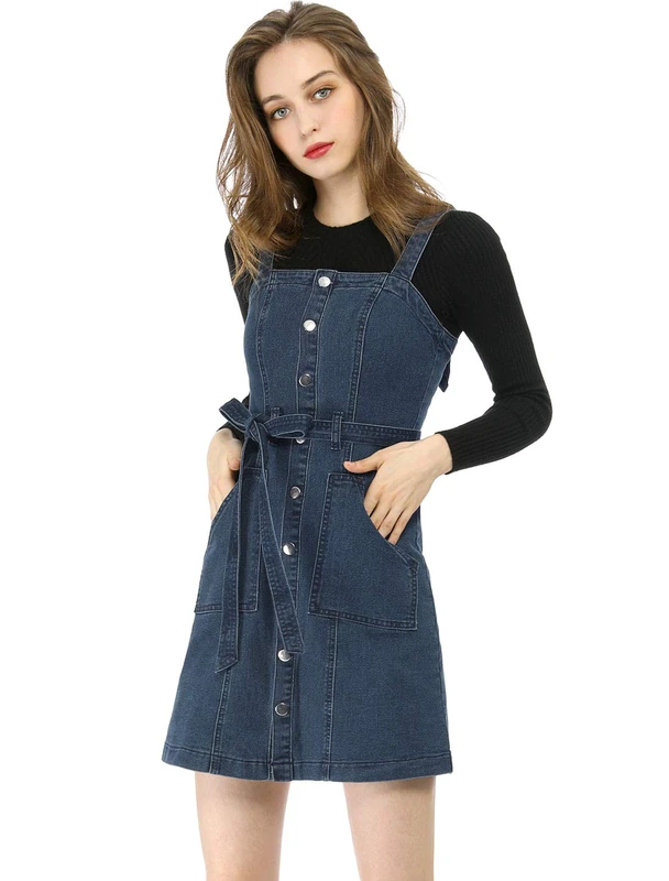 Allegra K Women's Classic Adjustable Strap A-Line Overall Denim Dress Dark Blue 12 - Image 1