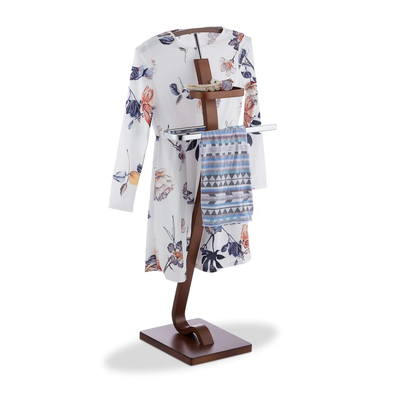 Relaxdays Valet Stand with Walnut Look, Wooden & Metal Butler, Clothes Rack HWD 112 x 46.5 x 33 cm, Dark Brown