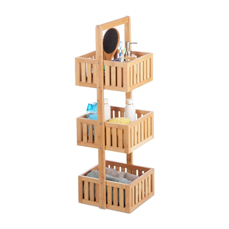Relaxdays Bamboo Bathroom Shelf, Free Standing Wooden Caddy with 3 Tiers, Slim Kitchen Rack, HWD 82.5 x 27 x 26.5 cm, Natural
