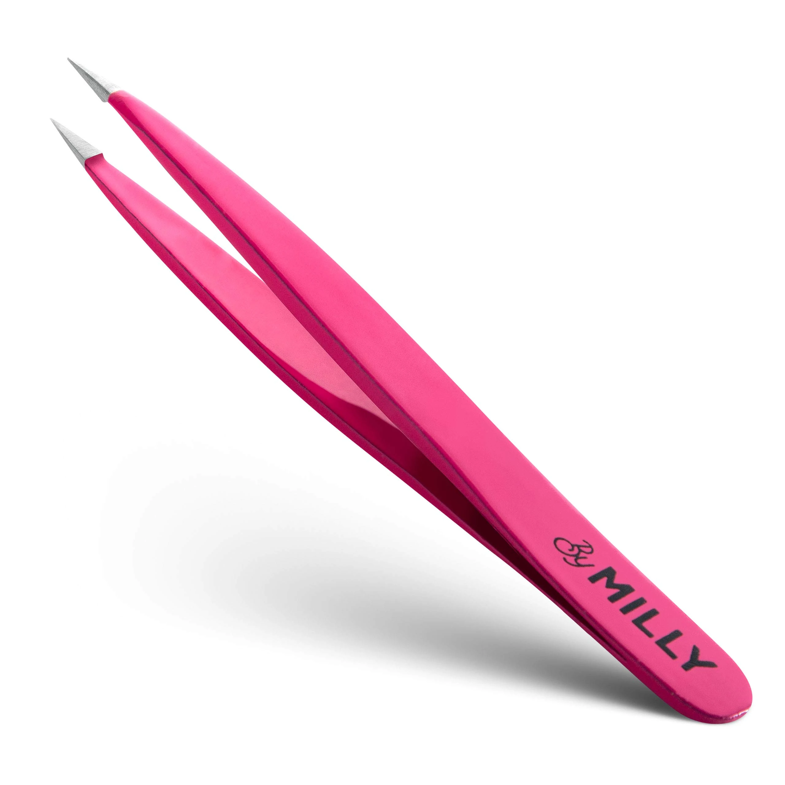By MILLY Pointed Tweezers - Hammer Forged 100% German Steel, Point-Tip Precision Tweezers for Ingrown Hair, Eyebrows, Facial Hair, Splinters, Glass Removal - Perfectly Aligned, Hand-Filed - Pink
