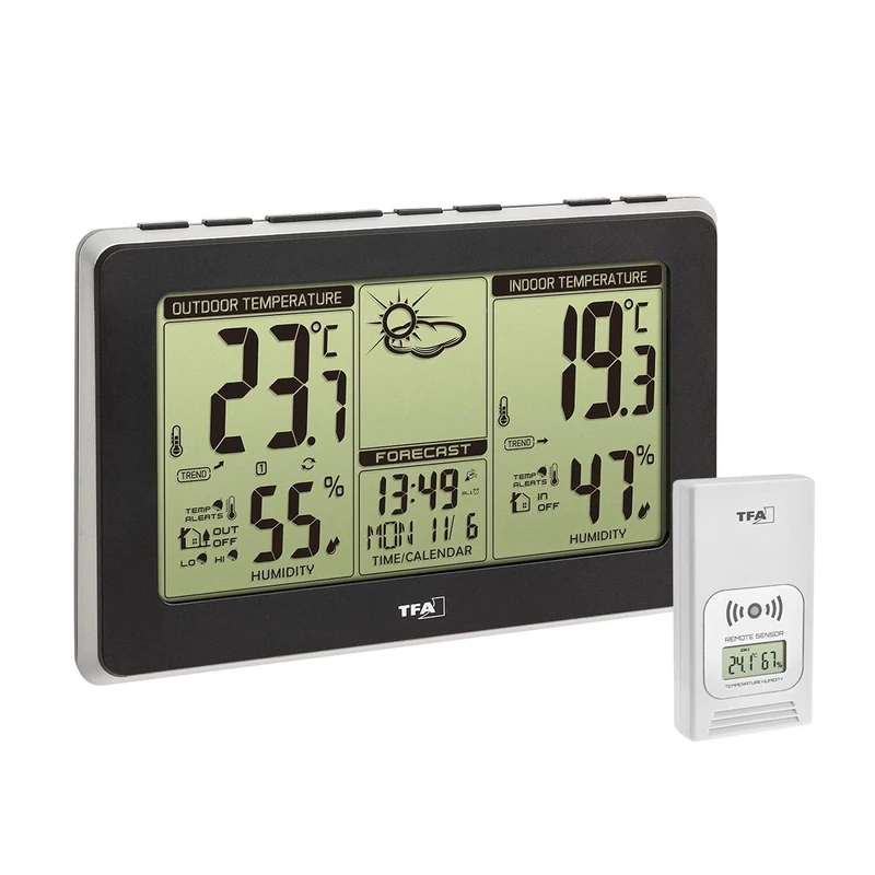 TFA Dostmann wireless weather station Mondo, 35.1151.01, indoor outdoor temperature and humidity, big display, backlight, black
