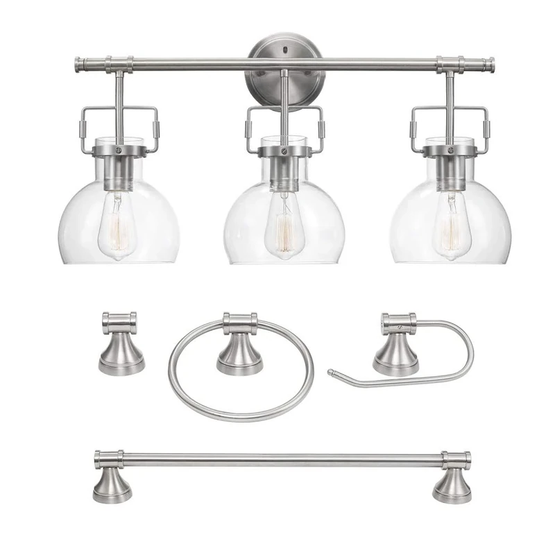 Globe Electric Walker 5-Piece All-in-One Bathroom Set, 3-Light Vanity Shades, Bar, Towel Ring, Robe Hook, Toilet Paper Holder 51299, 13.8", Brushed Nickel with Clear Glass