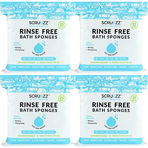 Scrubzz Disposable No Rinse Bathing Wipes - All-in-1 Single Use Shower Wipes, Simply Dampen, Lather, and Dry Without Shampoo or Rinsing (Unscented, 4-Pack)