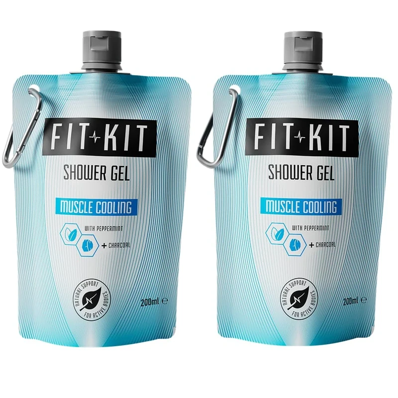 Fit Kit Muscle Cooling Sports Shower Gel Set | Post Workout Body Wash Infused with Peppermint Oil & Charcoal for Recovery from Muscle Soreness & to Cool Down after the Gym | Pack of 2 x 200ml Pouches