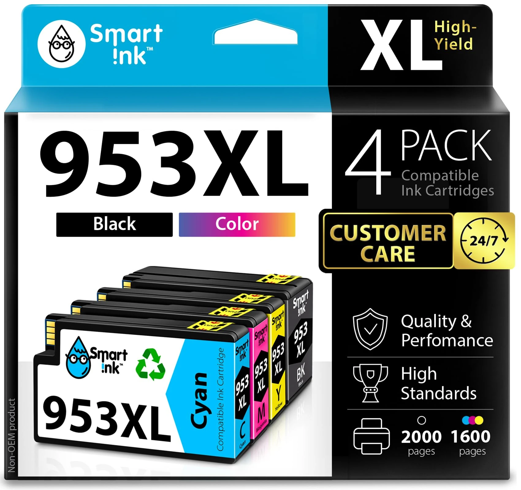 Smart Ink Compatible Ink Cartridge Replacement for HP 953XL 953 XL 4 Multipack (Black XL & C/M/Y) with Advanced Chip Technology to use with HP Officejet pro 7720 7730 7740 8710 8715 8720 8725 Printer